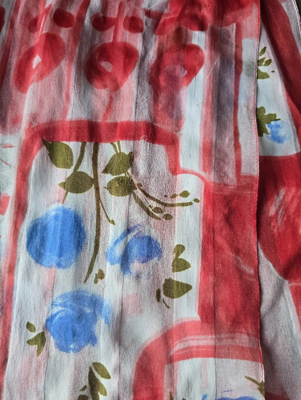 Sheer Chiffon Oblong Scarf Painterly Blue Rose Red Abstract Floral Wrap Long